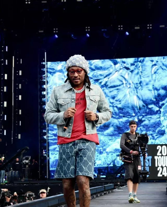 Louis Vuitton Light Blue Pearls Damier Beanie worn by Future on the Instagram account @futureking.pluto
