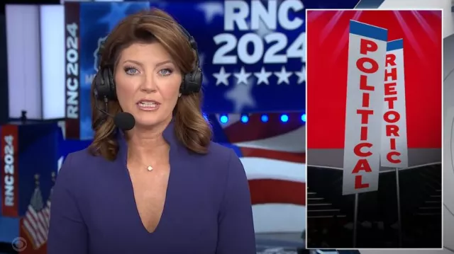 Black Halo Kensington Fit & Flare Midi Dress worn by Norah O'Donnell as seen in CBS Evening News on July 15, 2024