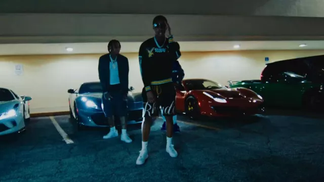 Rhude Black & White Script Logo Knit Shorts worn by Rob49 in Rob49 - "Homebody Remix" Feat. Moneybagg Yo, Bossman Dlow, Skilla Baby (Music Video)