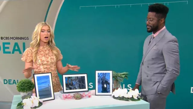 Ieena by Mac Duggal Vestido de volantes de malla floral con cuello alto usado por Ashley Bellman como se vio en CBS Mornings el 17 de julio de 2024