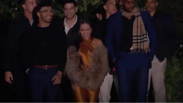 Galvan Sienna Satin-Finish Maxi Dress in Brown worn by Jenn Tran as seen in The Bachelorette (S21E02)