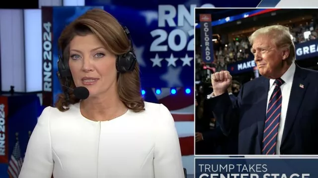 Scanlan Theodore Crepe Knit Ruffle Jacket in White worn by Norah O'Donnell as seen in CBS Evening News on  July 18, 2024