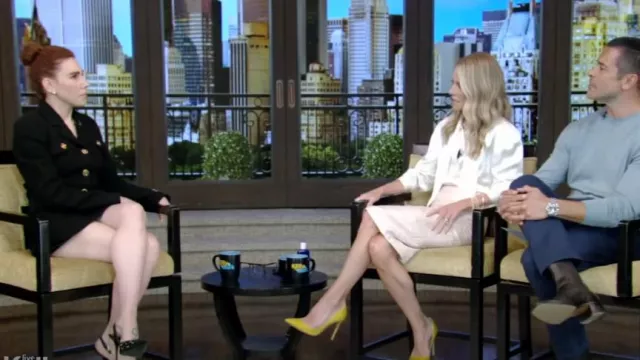 Versace Leather Safety Pin Slingback Pumps 110 worn by Zosia Mamet as seen in LIVE with Kelly and Mark on  July 18, 2024