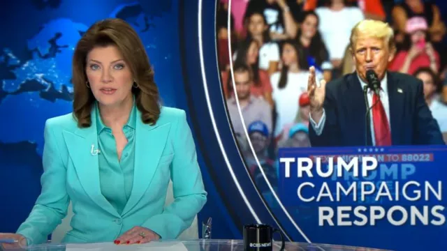 Seafoam Hansen Shirt worn by Norah O'Donnell as seen in CBS Evening News on July 23, 2024
