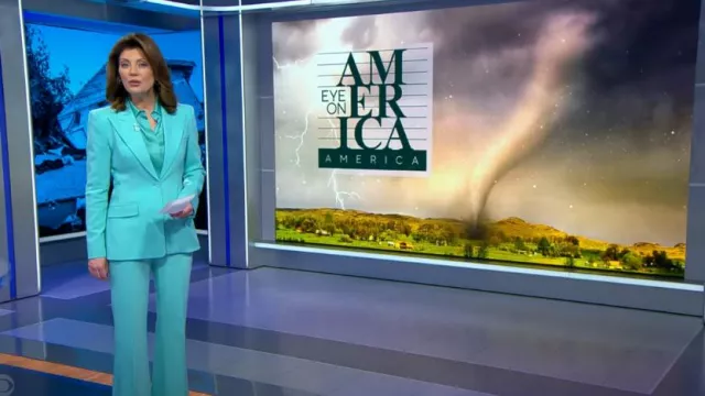 Michael Kors Haylee Flare Trousers worn by Norah O'Donnell as seen in CBS Evening News on  July 23, 2024