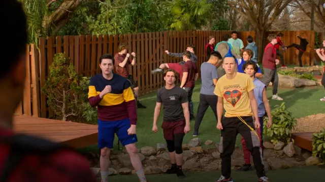 Pull rayé à usage original porté par Demetri (Gianni DeCenzo) comme on le voit dans Cobra Kai (S06E01)