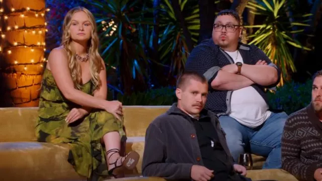 Miss Selfridge Chiffon Asymmetric Ruffle Maxi Dress in Green Floral worn by Mackenzie as seen in Claim to Fame (S03E03)
