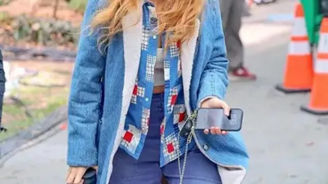 It Ends with Us Movie Wadrobe: Blake Lively is wearing Long Blue Denim Shearling Coat to play Lily Bloom