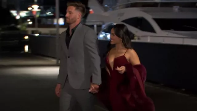 Katie May Erykah Plunge Neck Gown in Sangria worn by Jenn Tran as seen in The Bachelorette (S21E04)