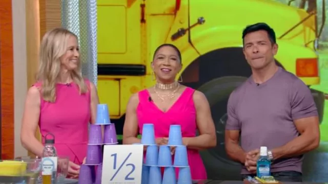 Kay Unger Falda acampanada con dobladillo asimétrico elástico sin mangas Vestido midi peplum usado por Wendy Bazilian como se vio en VIVO con Kelly y Mark el 5 de agosto de 2024