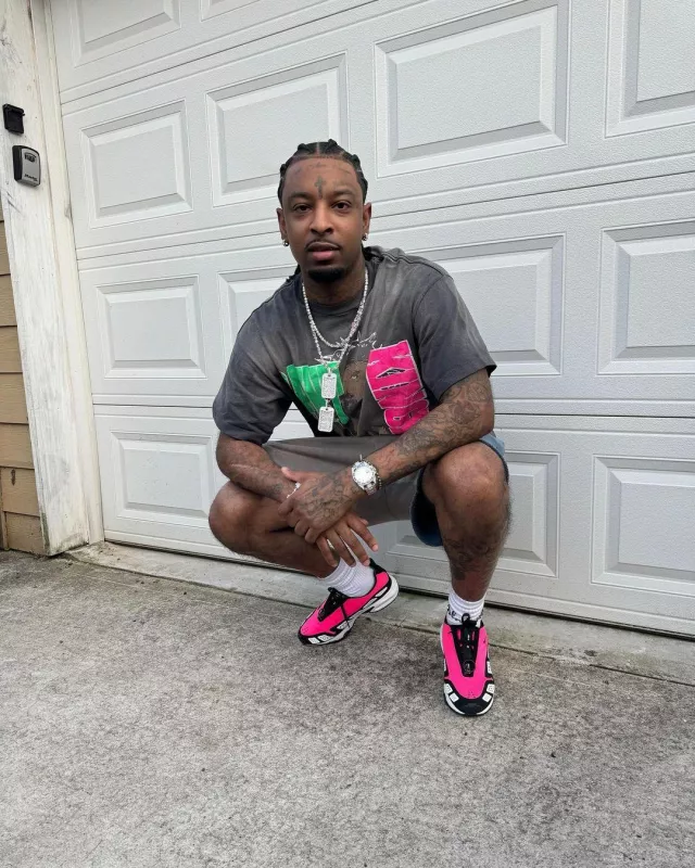 Rivington Roi Rebis Blue Faded INRI Studded Sweatshorts worn by 21 Savage on the Instagram account @21savage