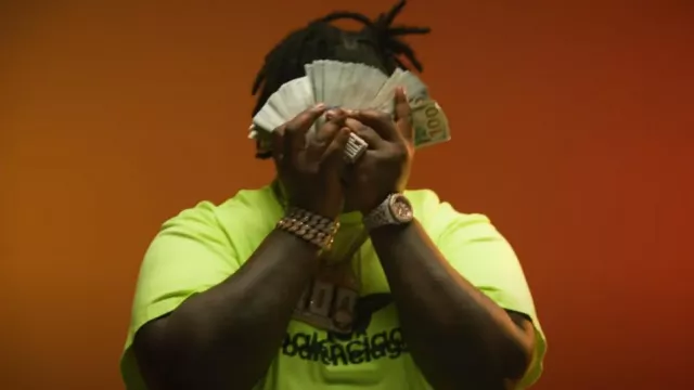 Balenciaga Neon Yellow Layered Sports Logo T Shirt worn by BigXthaPlug in 2024 XXL Freshman Cypher With BigXthaPlug, BossMan Dlow and Maiya The Don
