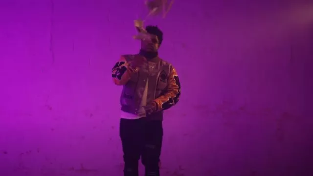 Who Decides War Purple & Orange Stained Glass Varsity Jacket worn by BossMan Dlow in 2024 XXL Freshman Cypher With BigXthaPlug, BossMan Dlow and Maiya The Don