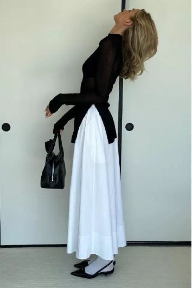 Helsa Poplin Maxi Skirt in White worn by Elsa Hosk on her Instagram Story on August 13, 2024