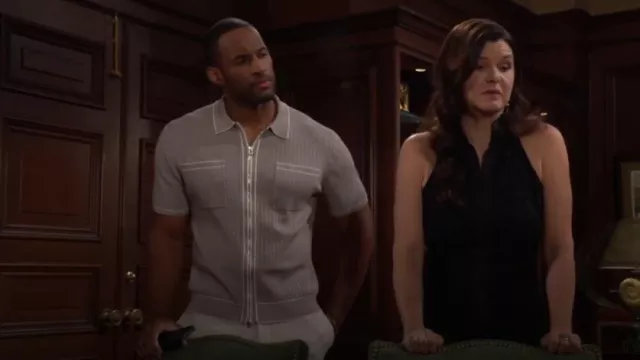 Reiss Christophe Rib Zip-Up Polo Sweater in Stone worn by  Carter Walton(Lawrence Saint-Victor) as seen in The Bold and the Beautiful on August 8, 2024