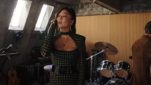 Adidas Ivy Park Houndstooth Green Turtleneck Jumpsuit worn by Mindy Chen (Ashley Park) as seen in Emily in Paris (S04E04)