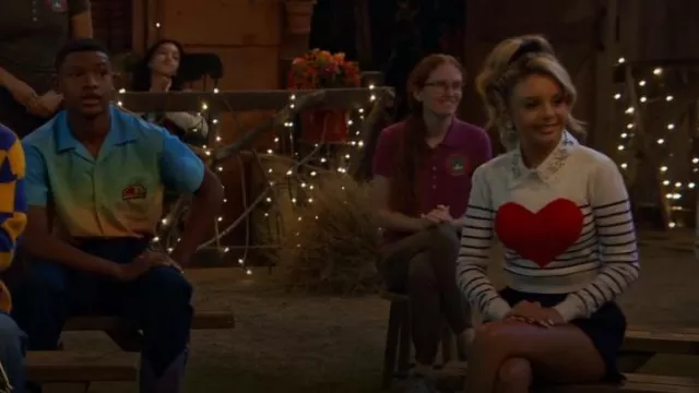 J Crew Puff-Sleeve Heart Sweater worn by Destiny Baker (Mallory James Mahoney) as seen in BUNK'D: Learning the Ropes (S07E17)