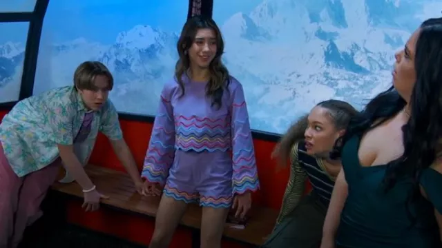Lola and the Boys Rainbow Wave Short Set Purple worn by Gwen Flores (Scarlett Estevez) as seen in BUNK'D: Learning the Ropes (S07E22)