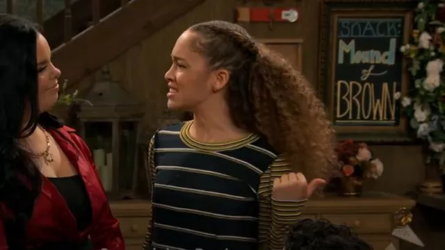 Urban Outfitters Blue Gold Seb Spliced Long Sleeve Tee Croppe worn by Ava King (Shelby Simmons) as seen in BUNK'D: Learning the Ropes (S07E22)