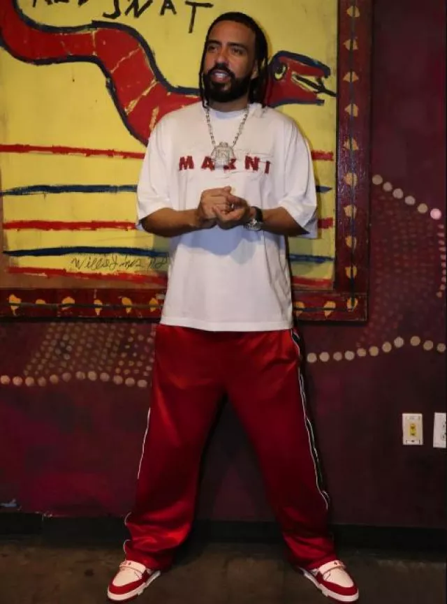 Louis Vuitton Red & White Strap LV Trainer Sneakers portées par Français Montana sur le compte Instagram @frenchmontana