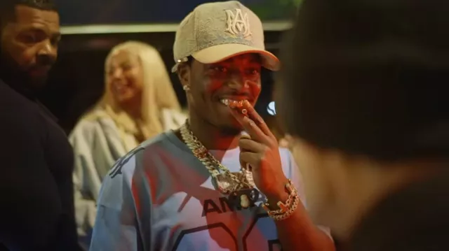 Amiri Blue Bandana Denim & Leather Visor Hat worn by Kodak Black in Kodak Black - Sharp Vibes [Official Music Video]