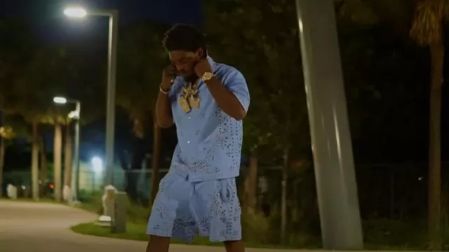 Amiri Light Blue Leather Bandana Cut Out Shorts worn by Kodak Black in Kodak Black - Sharp Vibes [Official Music Video]