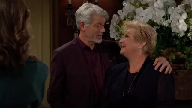 Le Bos Round Neck 3/4 Sleeve Georgette Tonal Trim Evening 3-Piece Pant Set worn by Traci Abbott (Beth Maitland) as seen in The Young and the Restless on August 28, 2024