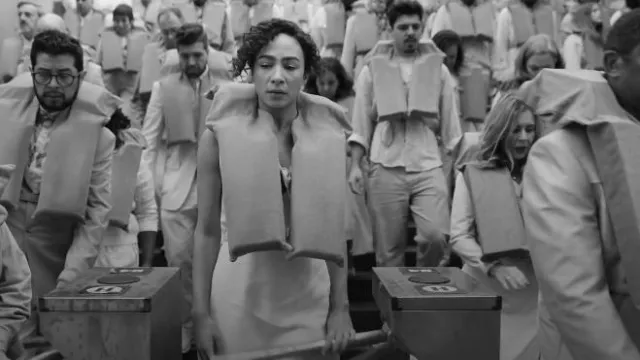 Stella McCartney Robe midi à col en cœur portée par Riddy (Aurora Perrineau) comme on le voit dans KAOS (S01E02)