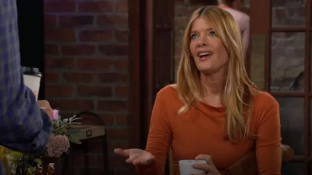 Significant Other Posie Midi Dress in Rust worn by  Phyllis Summers(Michelle Stafford) as seen in The Young and the Restless on August 30, 2024