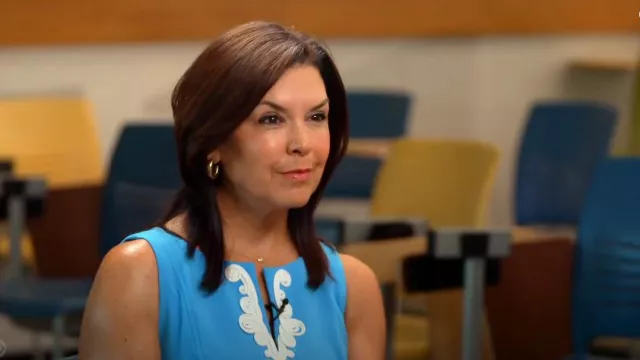 Lilly Pulitzer Trini Embroidered Sleeveless Minidress in Lunar Blue worn by Meg Oliver as seen in CBS Evening News on  August 29, 2024