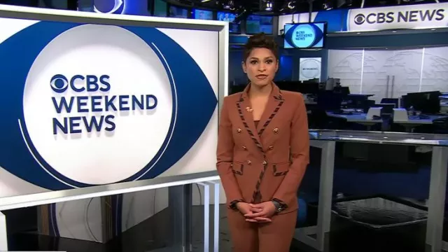 Veronica Beard Miller Striped-Trim Dickey Jacket in Dark Ochre worn by Jericka Duncan as seen in CBS Evening News on September 2, 2024