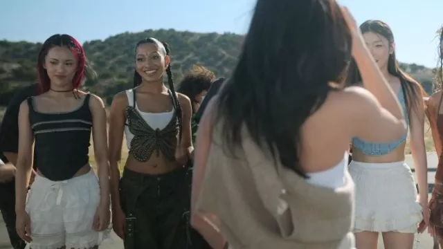 Blumarine Indigo Butterfly Camisole worn by Lara as seen in Pop Star Academy: KATSEYE (S01E08)