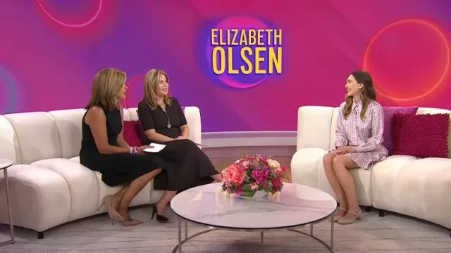 Prada Printed Silk Twill Shirt in Pink worn by Elizabeth Olsen as seen in Today with Hoda & Jenna on  September 5, 2024