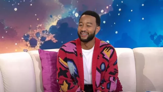 Members of the Rage Illusion V-Neck Cardigan in Bordeaux worn by John Legend as seen in Today with Hoda & Jenna on  September 5, 2024
