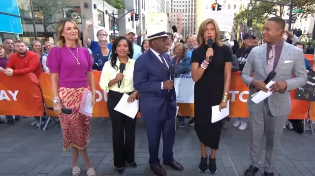 Lingua Franca Cheever Cursive Embroidered Sheer Midi-Skirt in Golden Hour worn by Savannah Guthrie as seen in Today on September 9, 2024