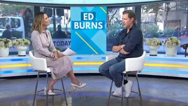 Jimmy Choo Diamond Tilda 85mm Leather Pumps in Latte worn by Savannah Guthrie as seen in Today on September 10, 2024