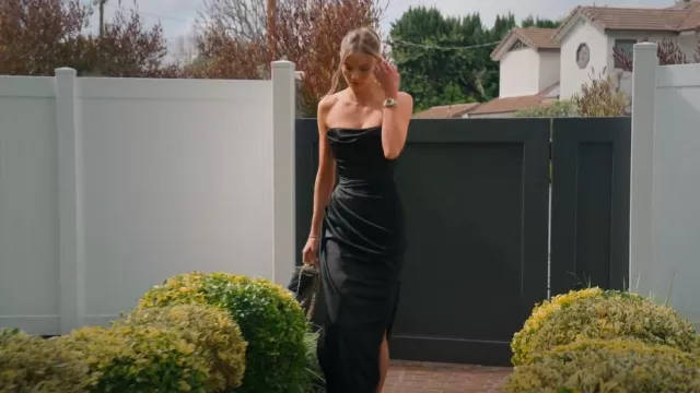 House Of CB Adrienne Black Satin Strapless Corset Maxi worn by Alanna Gold  as seen in Selling Sunset (S08E09) | Spotern