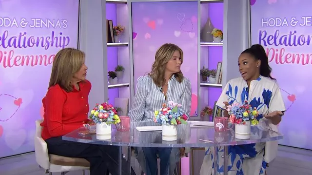 Natori Andora Pleated Floral-Print Poplin Midi Dress worn by Devyn Simone as seen in Today with Hoda & Jenna on September 13, 2024