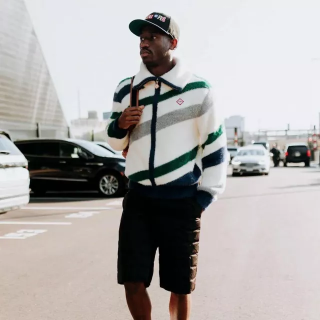 Casablanca White, Navy & Green Diagonal Stripe Zip Cardigan worn by Jordan Addison on the Instagram account @blitzfits