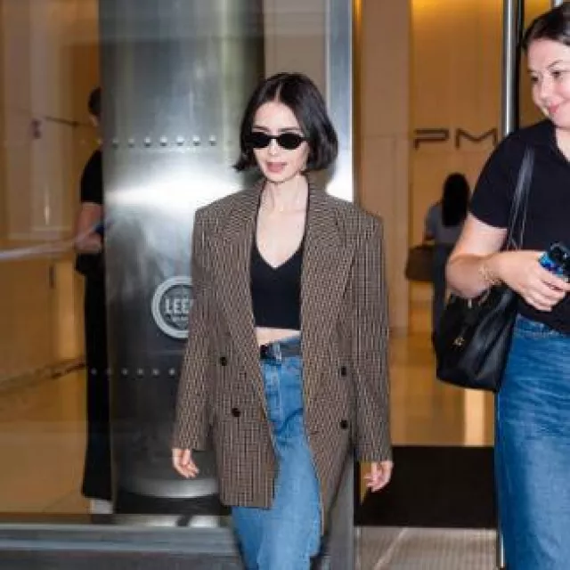 Saint Laurent Jacket in Vichy Wool in Beige Black and Brown worn by Lily Collins in New York City on September 19, 2024