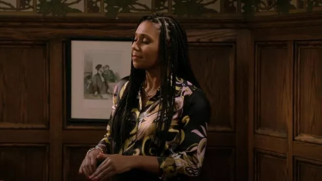 L'Agence Dani Silk Blouse Olive Multi Abstract Scarf worn by Olivia Finch (Toks Olagundoye) as seen in Frasier (S02E01)