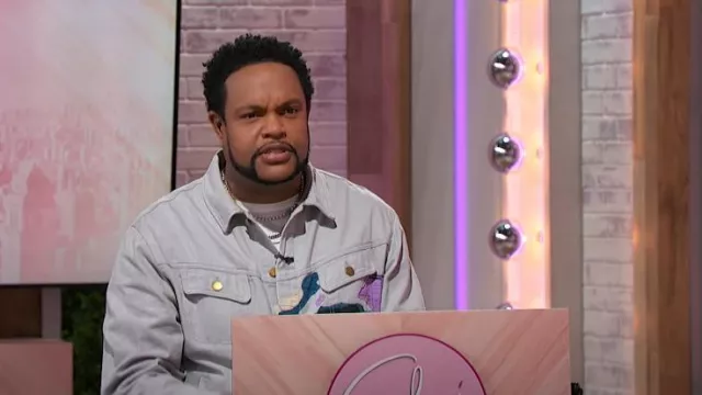 Kidsuper Face Embroidered Denim Jacket worn by Jawn Murray as seen in Sherri on September 25, 2024