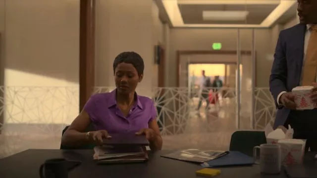 Theory Silk Cap Sleeve Shirt In Bright Peony worn by Jax Stewart (Emayatzy Corinealdi) as seen in Reasonable Doubt (S02E07)