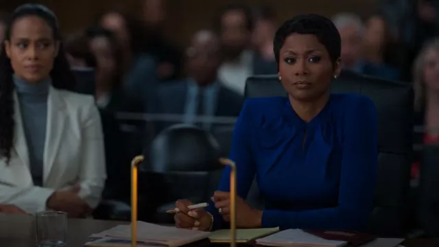 Giorgio Armani Twisted Neck Blouse worn by Jax Stewart (Emayatzy Corinealdi) as seen in Reasonable Doubt (S02E07)
