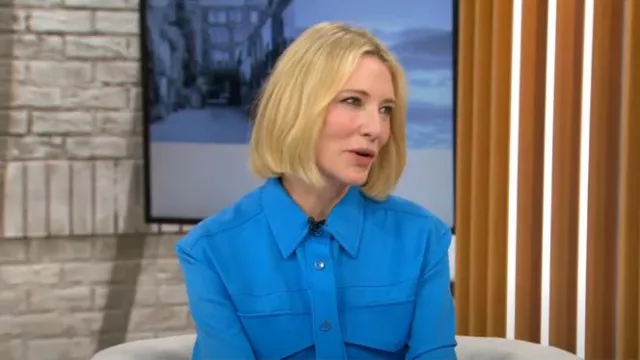 Alexander McQueen Paneled Grain De Poudre Wool Shirt worn by Cate Blanchett as seen in CBS Mornings on September 26, 2024