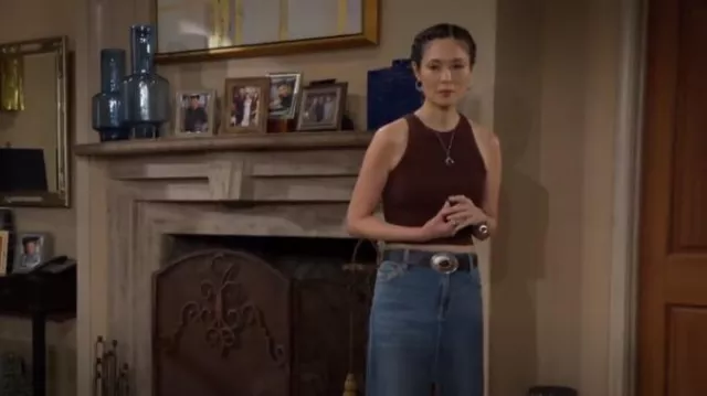 Good American Rib Knit Crop Tank Top in Espresso worn by Penelope Poppy Nozawa (Romy Park) as seen in The Bold and the Beautiful on September 9, 2024