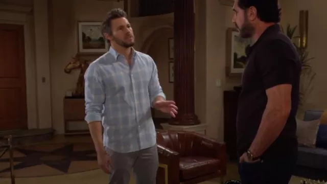 Theory Irving Flannel Shirt in Blue Multi worn by Liam Spencer (Scott Clifton) as seen in The Bold and the Beautiful on September 9, 2024