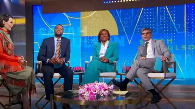 Sergio Hudson Single Breasted Two Button Blazer in Turquoise worn by Robin Roberts as seen in Good Morning America on October 3, 2024