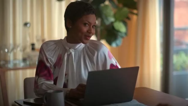 Christy Lynn Beatrice Blouse In Placed Wild Tulip worn by Jax Stewart (Emayatzy Corinealdi) as seen in Reasonable Doubt (S02E08)