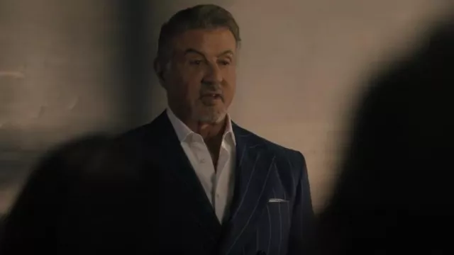 Leon Suits Navy W/Vertical Striped Double Breasted Suit worn by Dwight 'The General' Manfredi (Sylvester Stallone) as seen in Tulsa King (S02E03)